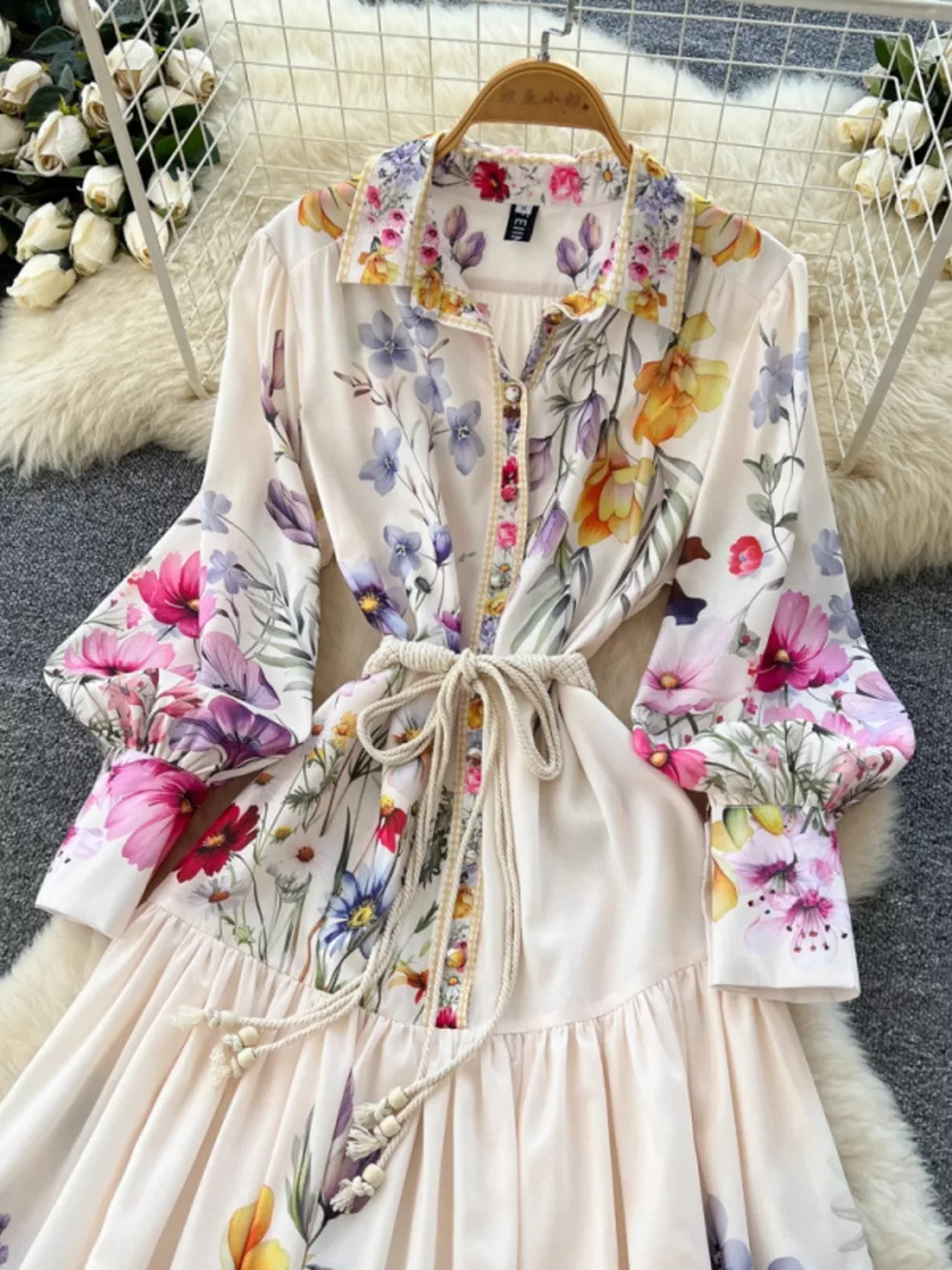 Floral Print Lantern Sleeve Midi Dress, image 3