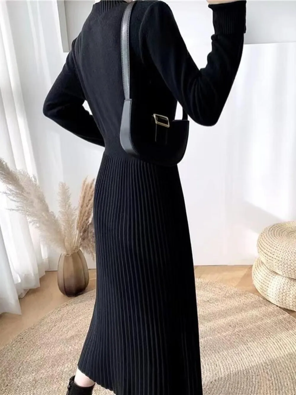 Slit Front Mock Neck Long Sleeve Knit Dress, image 4