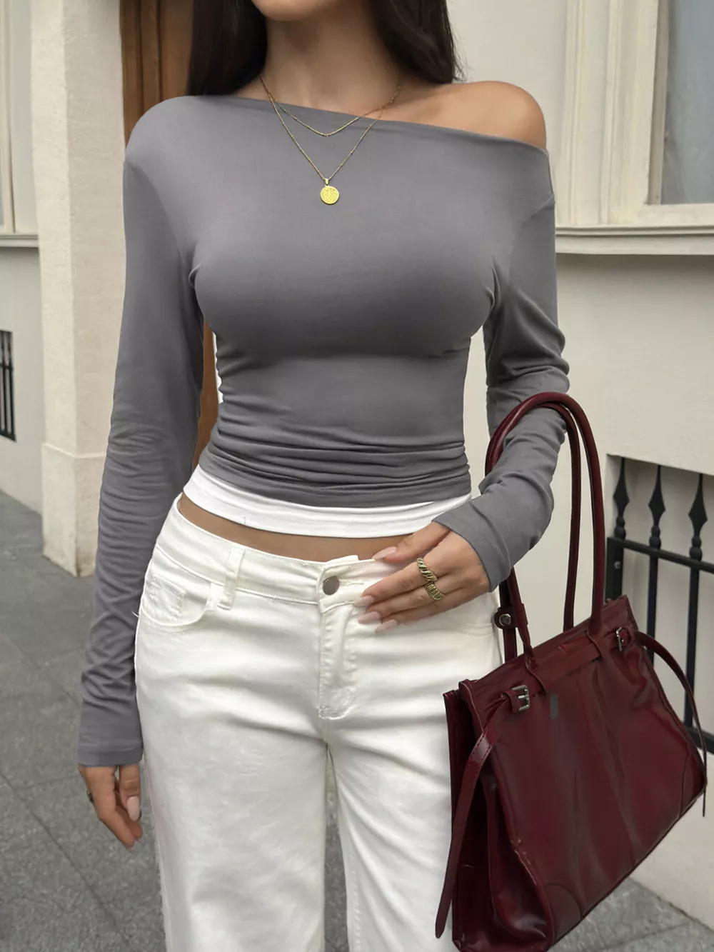 One Shoulder Slim Fit Long Sleeve T-Shirt, image 3