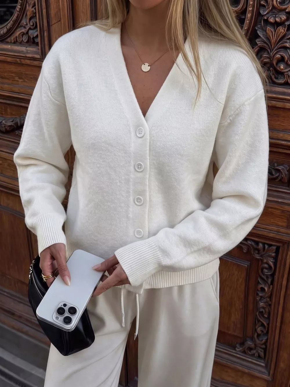 V-Neck Button-Down Knit Cardigan, image 2