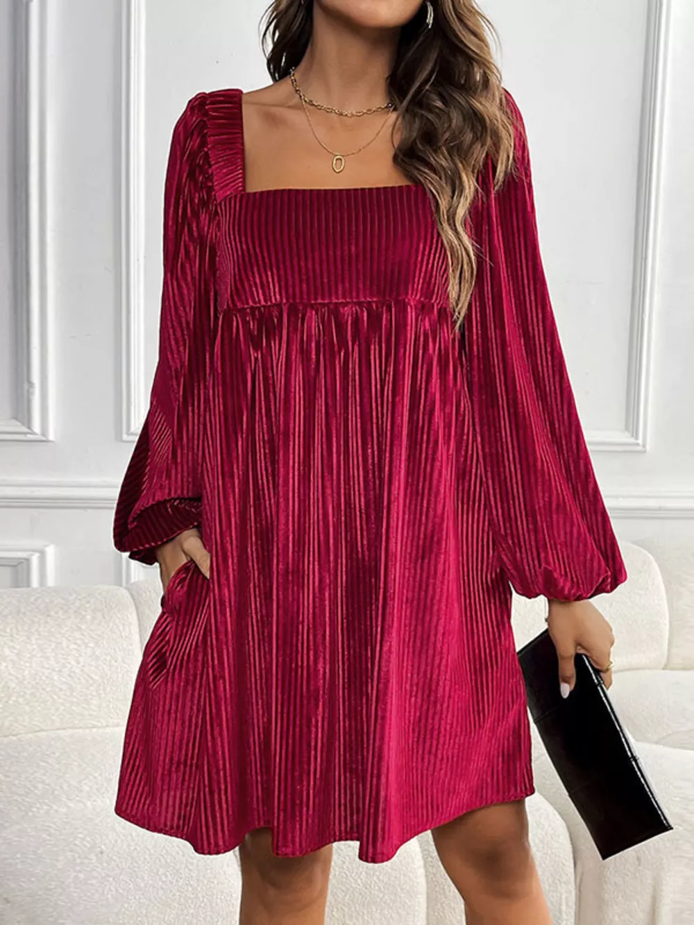 Velvet Square Neck Long Sleeve Dress, image 14