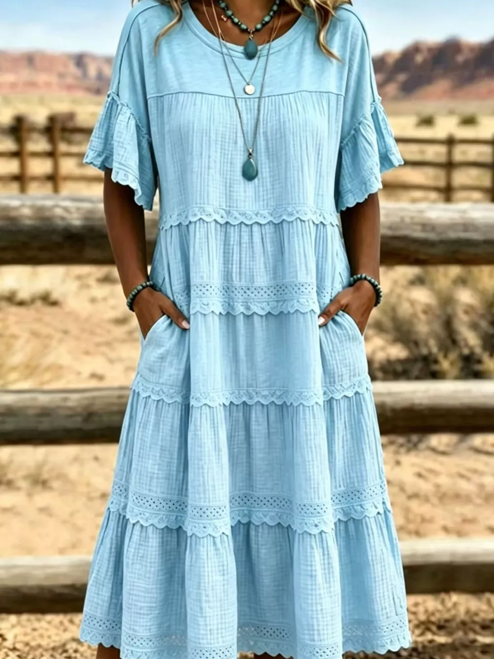 Full Size Tiered Ruffle Sleeve Midi Dress with Pockets Plus Size, image 6