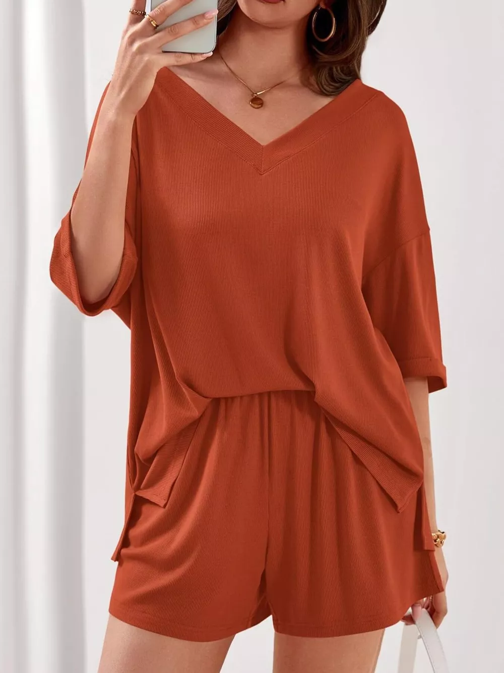 Casual Solid Color V-Neck Top & Shorts Set, image 9