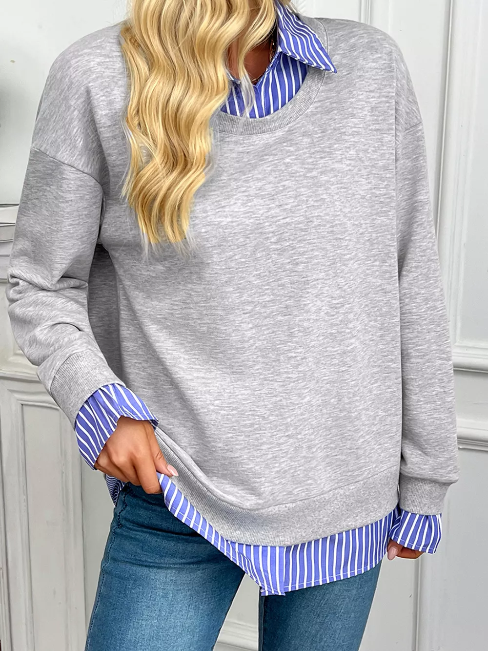 Striped Collar 2-in-1 Patchwork Casual Loose Sweatshirt, image 4