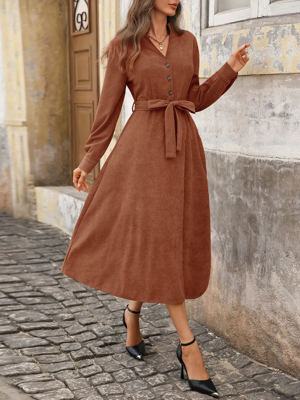 Long Sleeve Button Front Belted Midi Dress, image 7