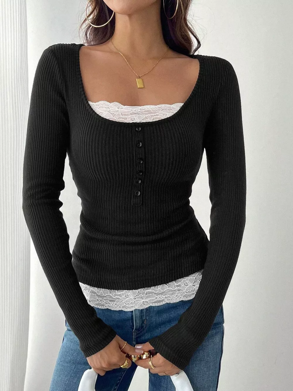 Lace Detail Long Sleeve Ribbed Top, image 20