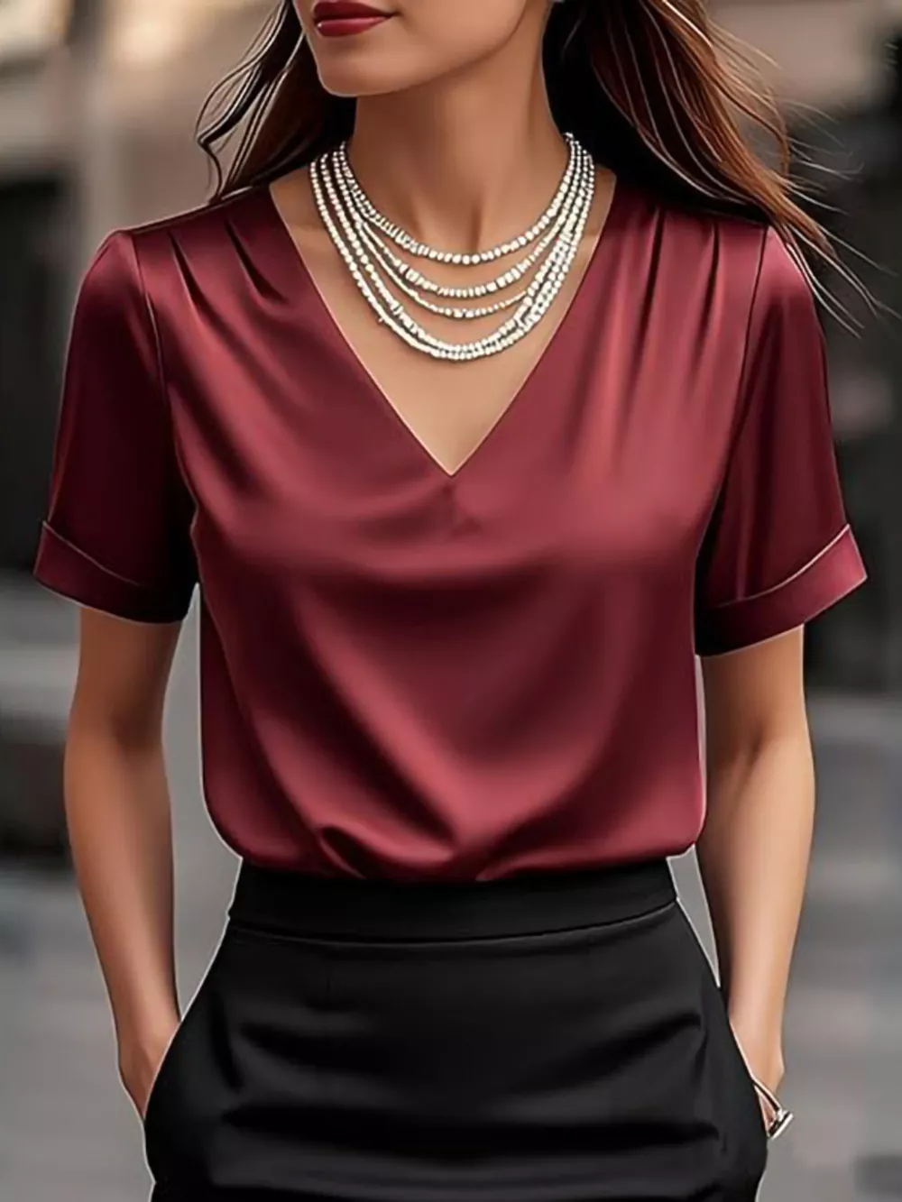 V-Neck Short Sleeve Satin Blouse, image 14