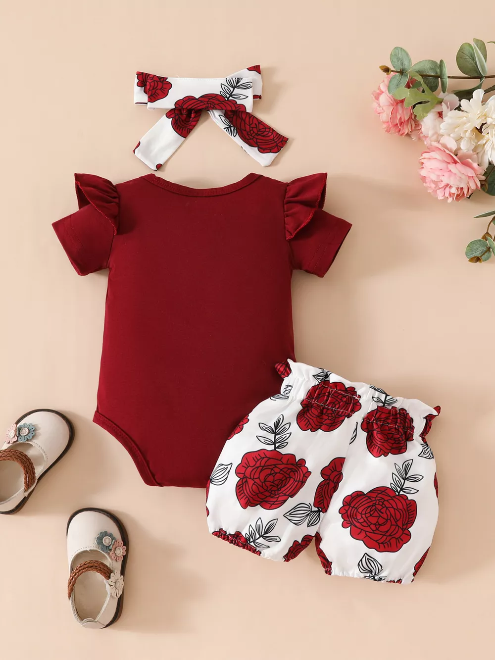 Children's Ruffled Bodysuit and Floral Shorts Set with Headband, image 7