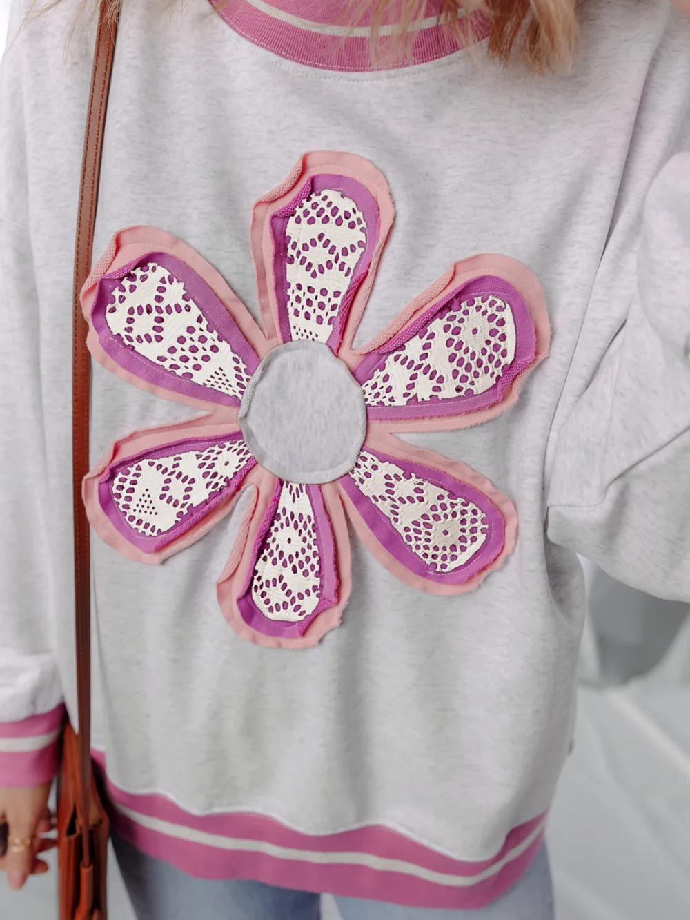 Flower Patch Contrast Trim Crew Neck Sweatshirt, image 5