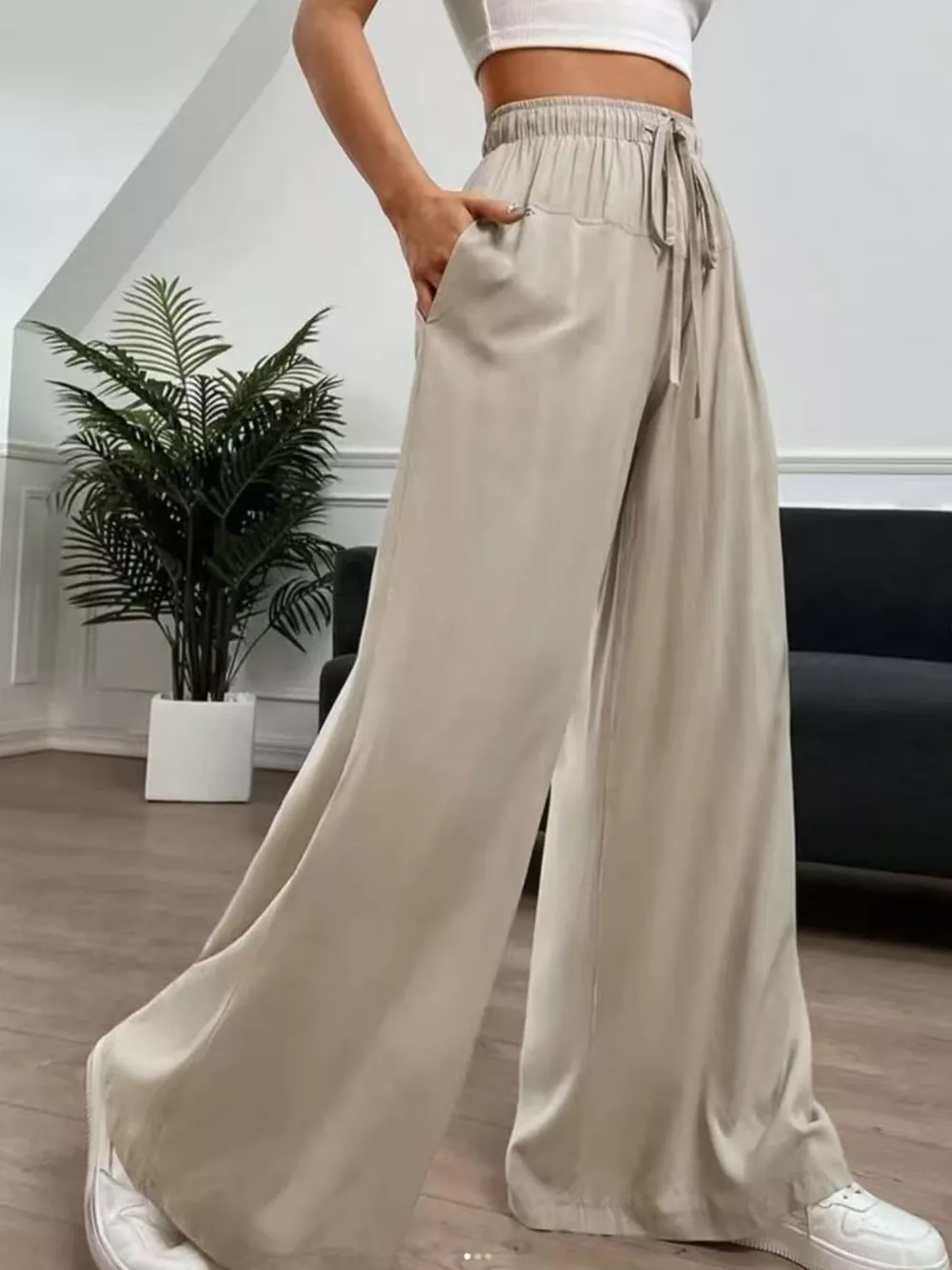 Wide-Leg Drawstring Casual Pants, image 2