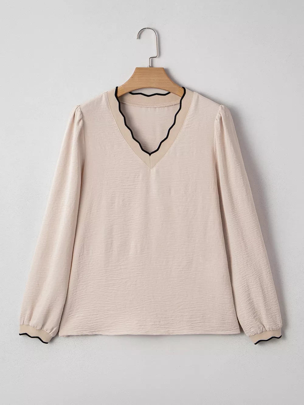 Contrast Scallop Trim V Neck Long Sleeve Blouse, image 11