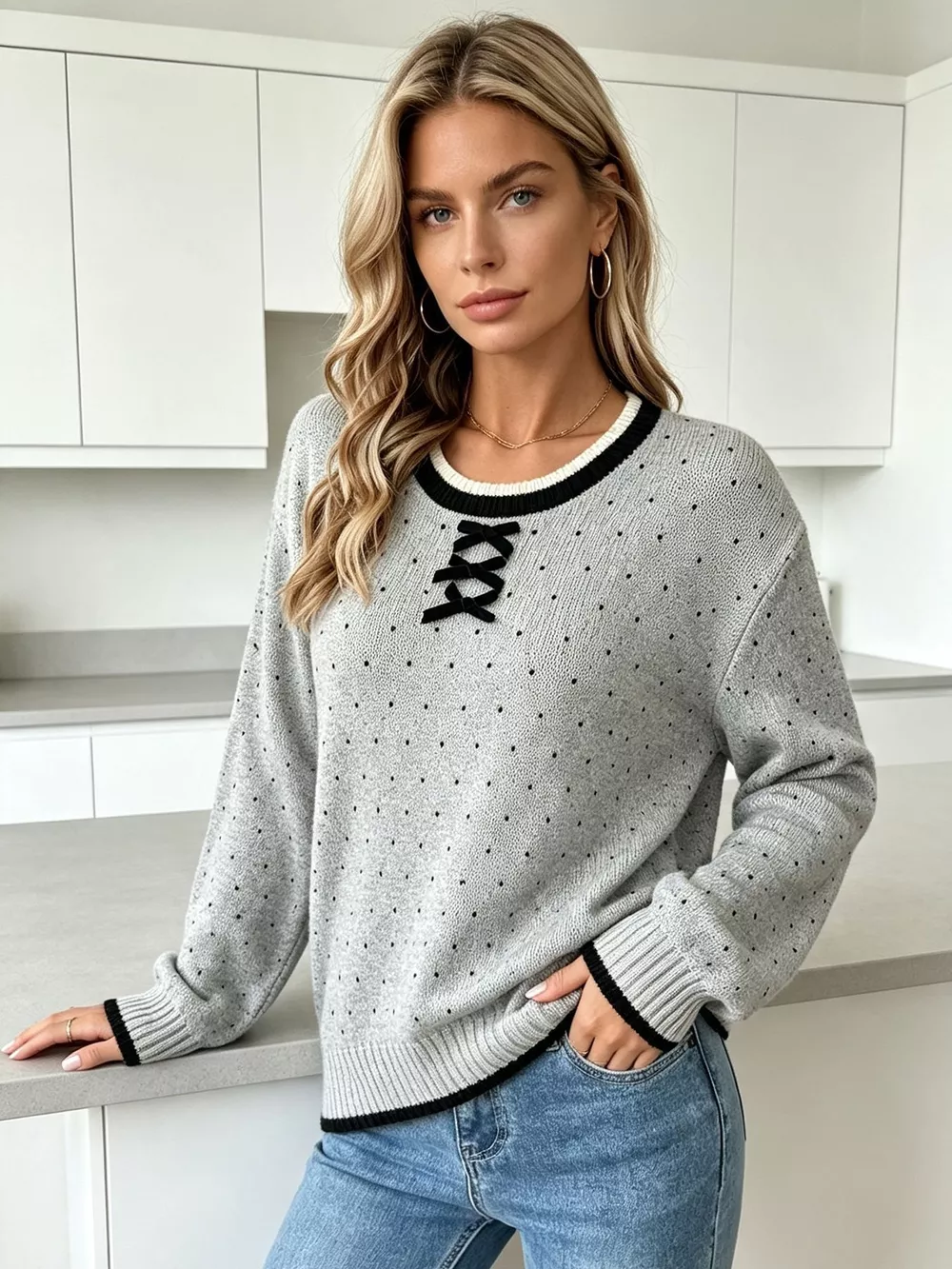 Polka Dot Lace-Up Detail Sweater, image 9