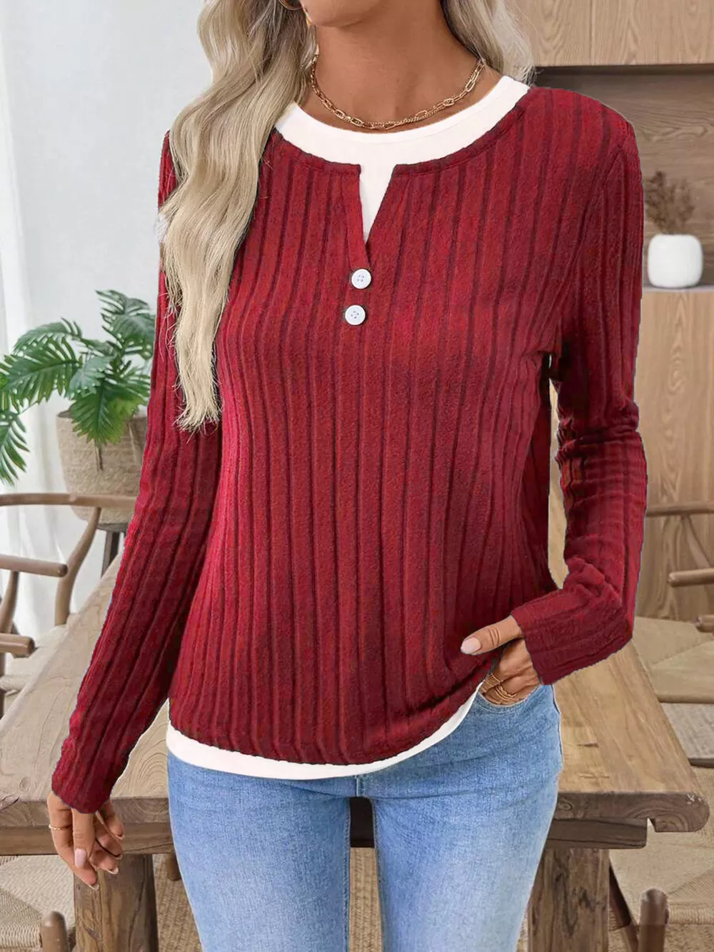 Ribbed Knit Button Detail Contrast Sweater, image 13
