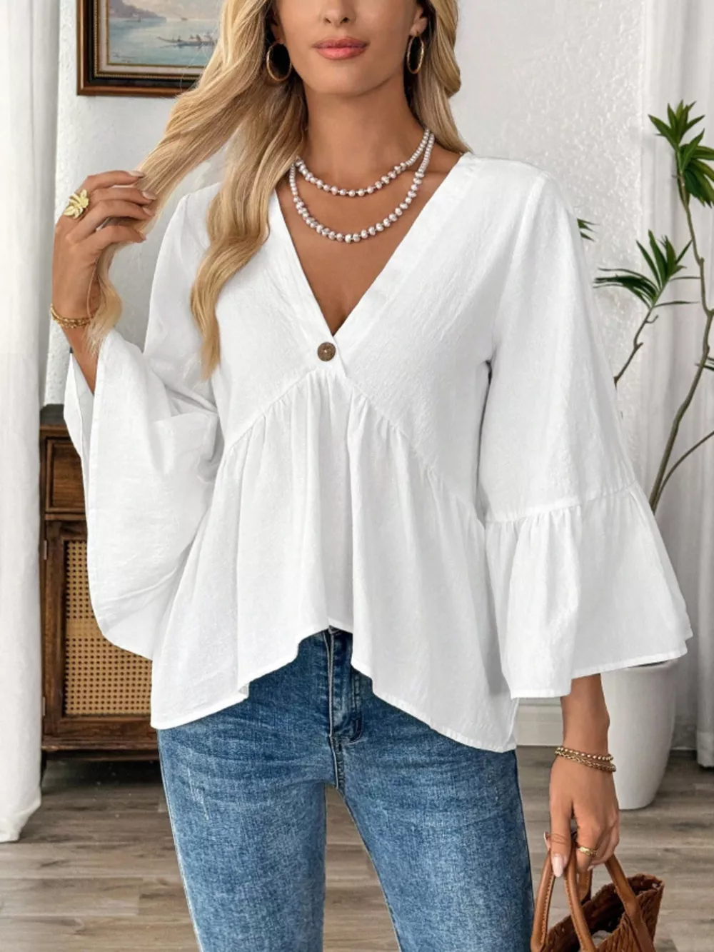 V-Neck Bell Sleeve Blouse, image 2