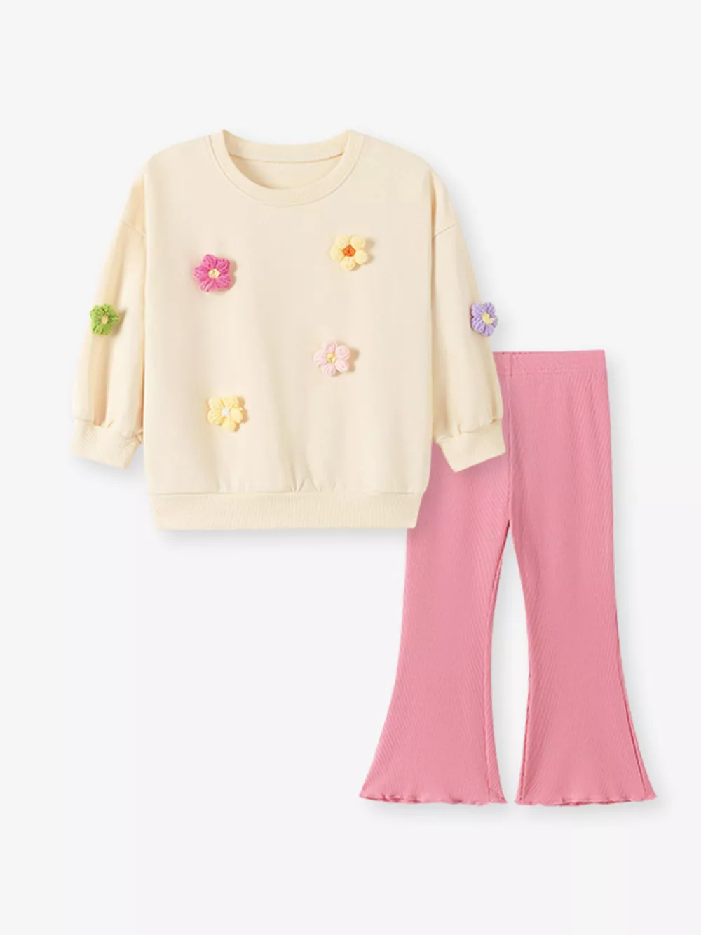 Children's Floral Applique Crewneck Sweatshirt and Ribbed Flare Pants Set, image 2