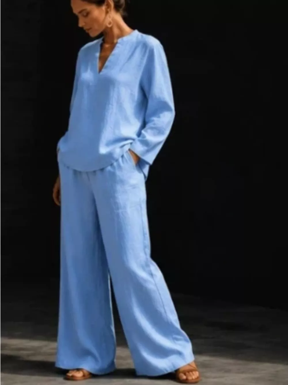 Notched Long Sleeve Top and Pants Set, image 7