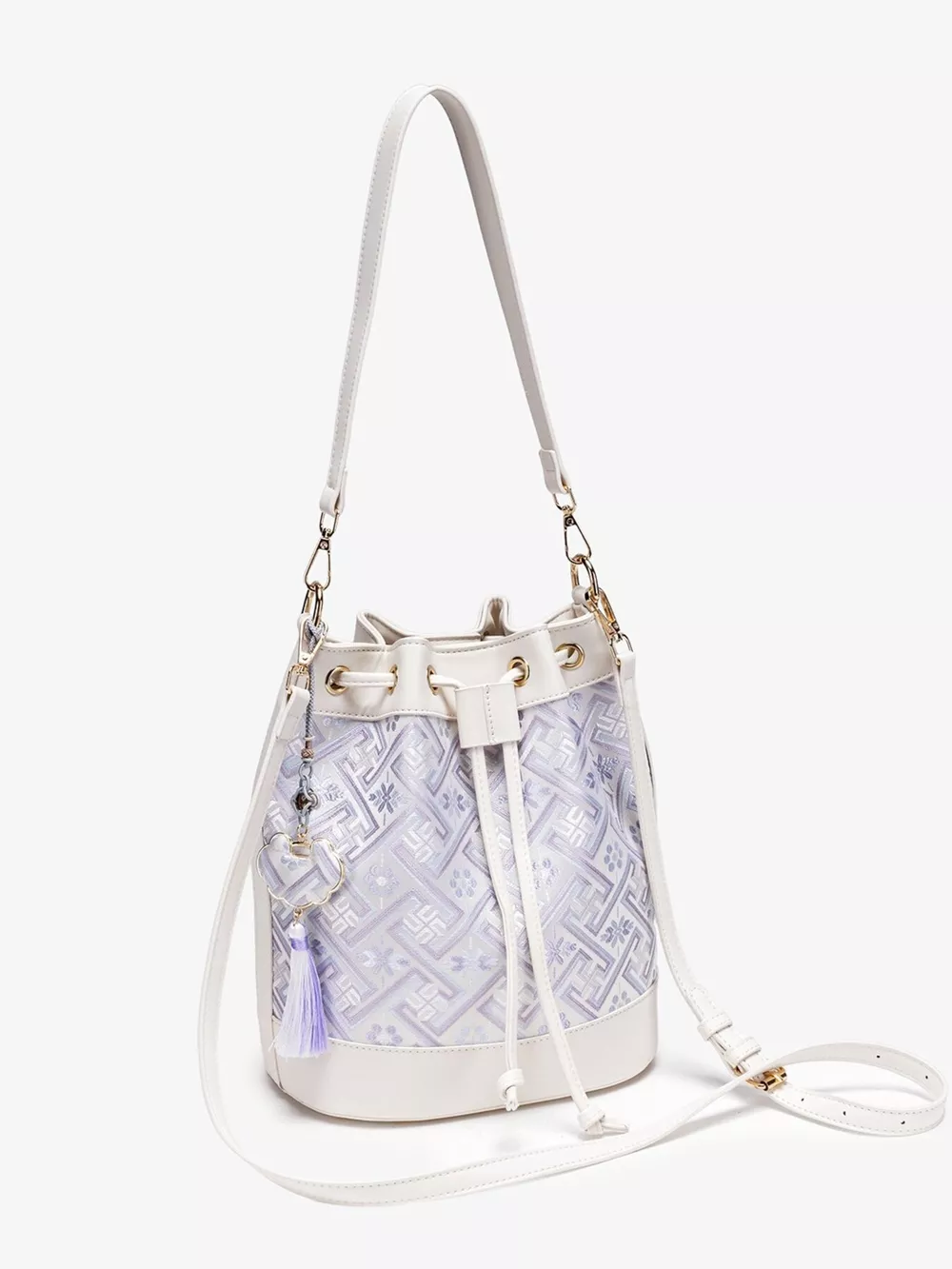 Geometric Pattern Jacquard Drawstring Bucket Crossbody Bag, image 5
