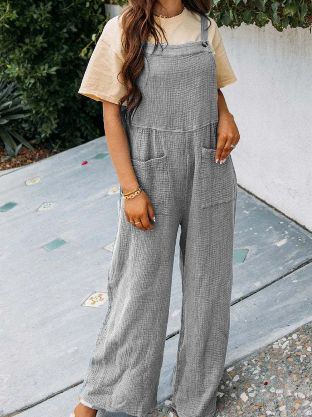 Full Size Casual Wide Leg Textured Overalls Plus Size, image 24