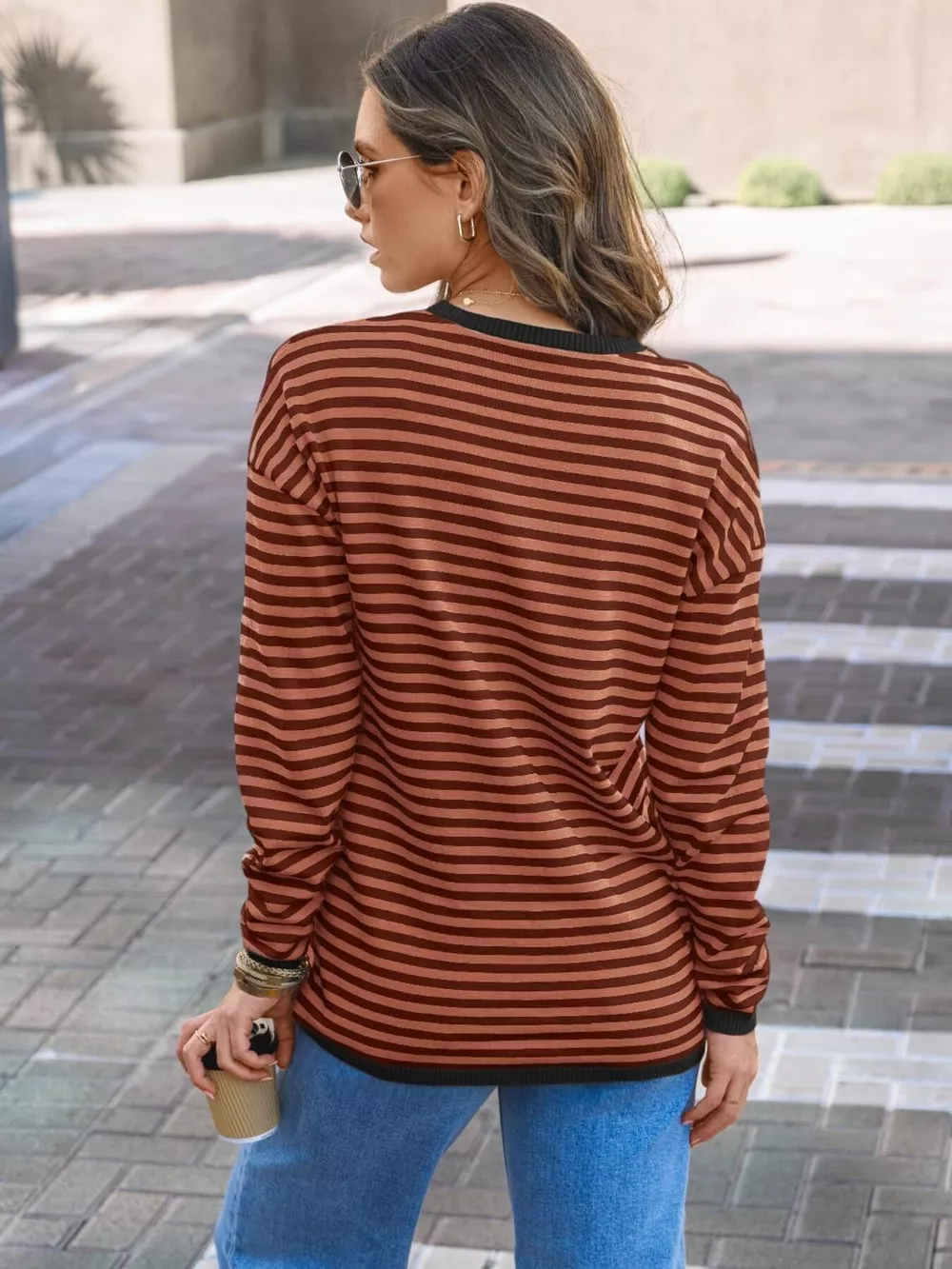 Striped Round Neck Long Sleeve Knit Top, image 5