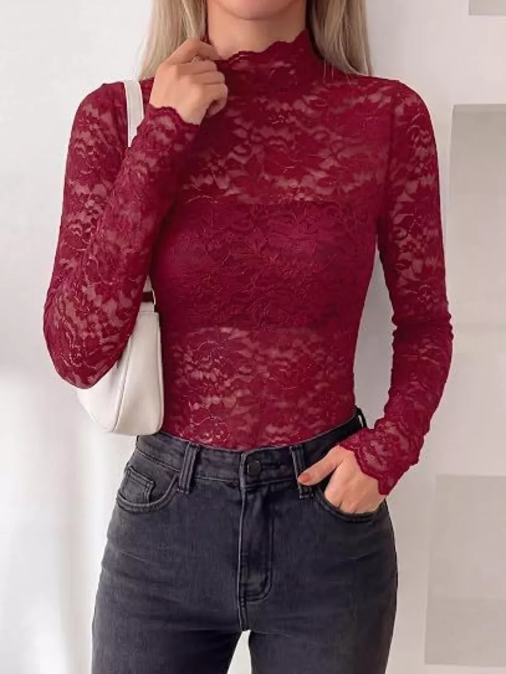 Mock Neck Floral Lace Long Sleeve Blouse, image 10