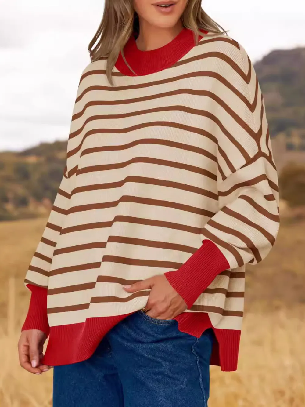 Striped Round Neck Long Sleeve Sweater, image 2