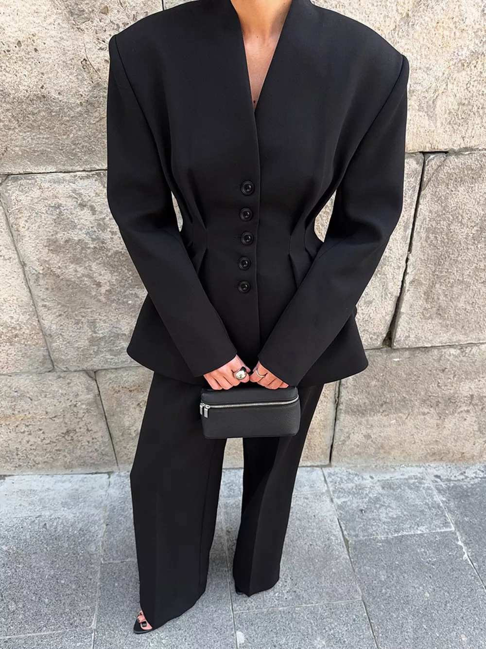 Chic Button Down Pleated Blazer and Wide-Leg Pants Suit Set, image 3