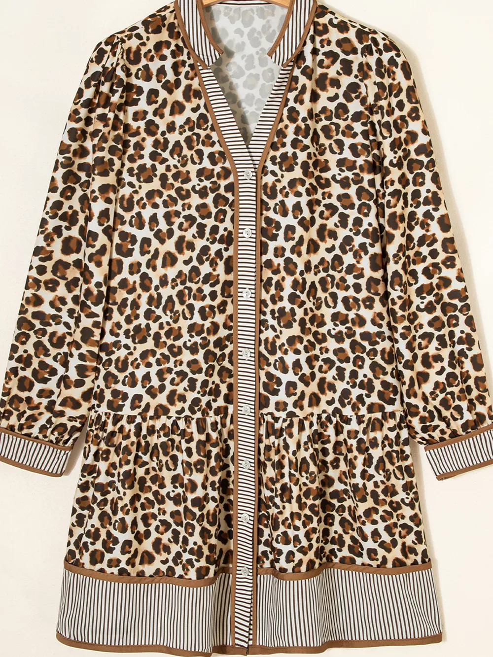 Leopard Print Striped Patchwork 3/4 Sleeve Loose Mini Dress, image 8