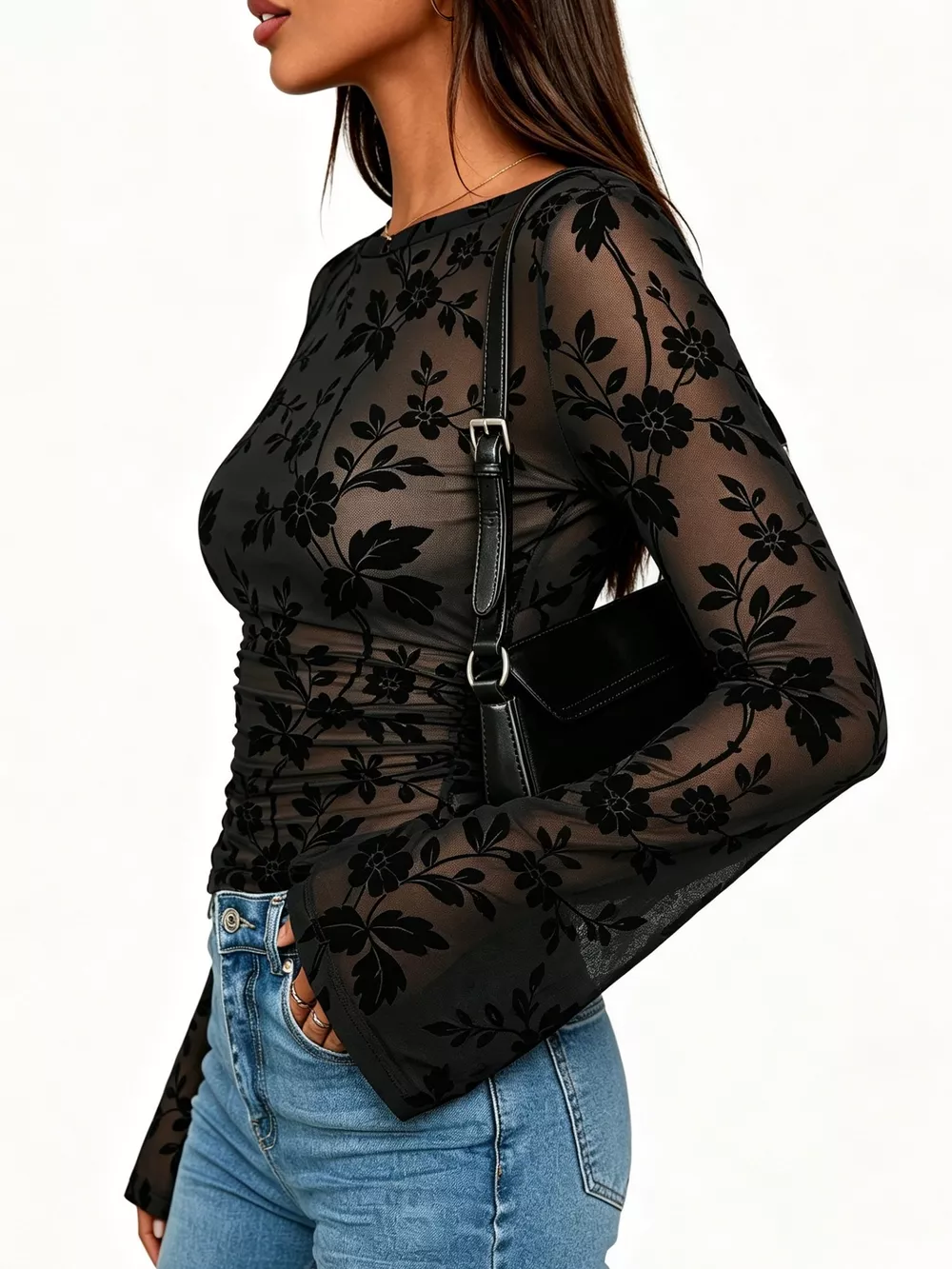 Slim Fit Floral Print Long Sleeve Top, image 5