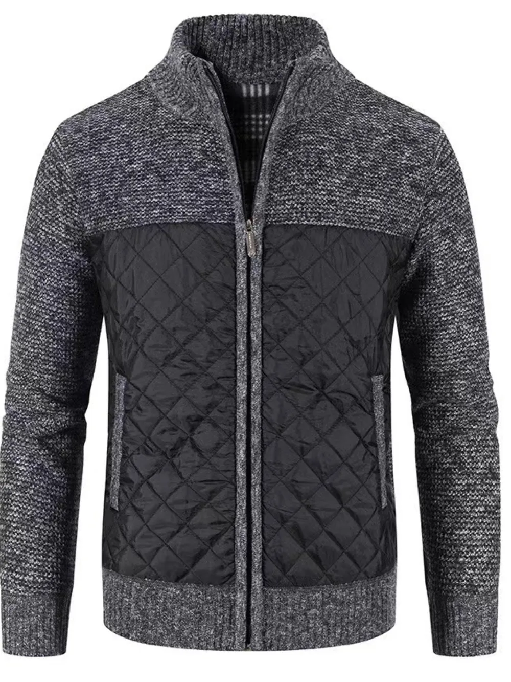 Men's Plus Size Quilted Panel Zip-Up Sweater Cardigan, image 12