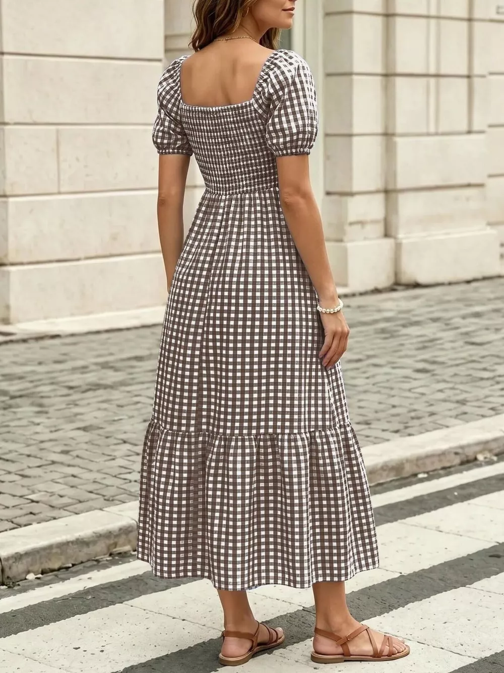 Gingham Smocked Puff Sleeve Midi Dress, image 10