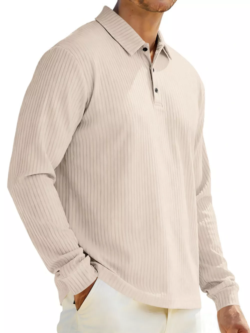 Men's Full Size Ribbed Long Sleeve Polo with Button Detail Plus Size, image 6
