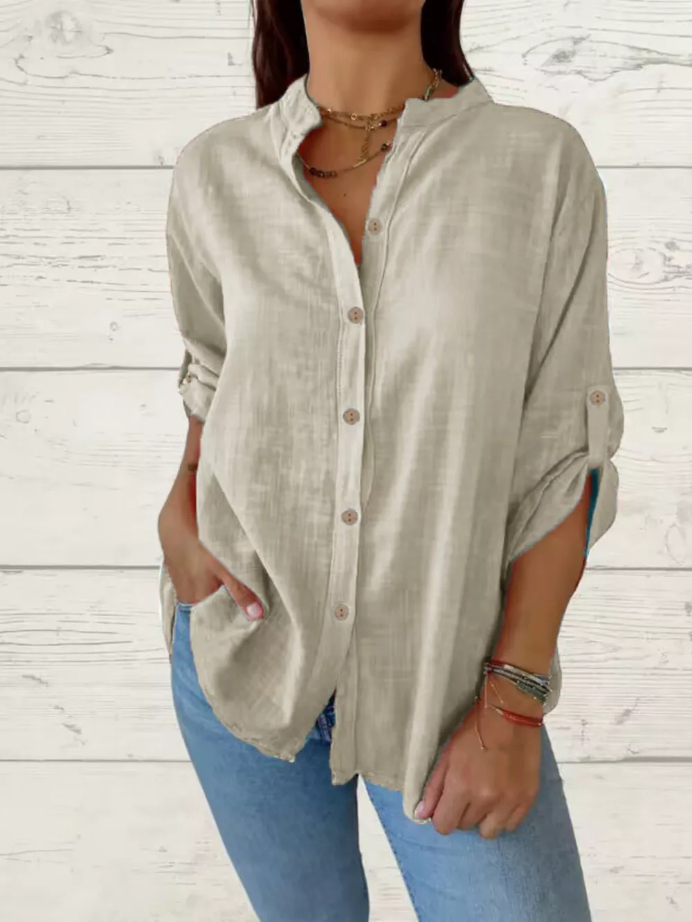 Full Size Casual Button-Down Roll-Up Sleeve Shirt Plus Size, image 7