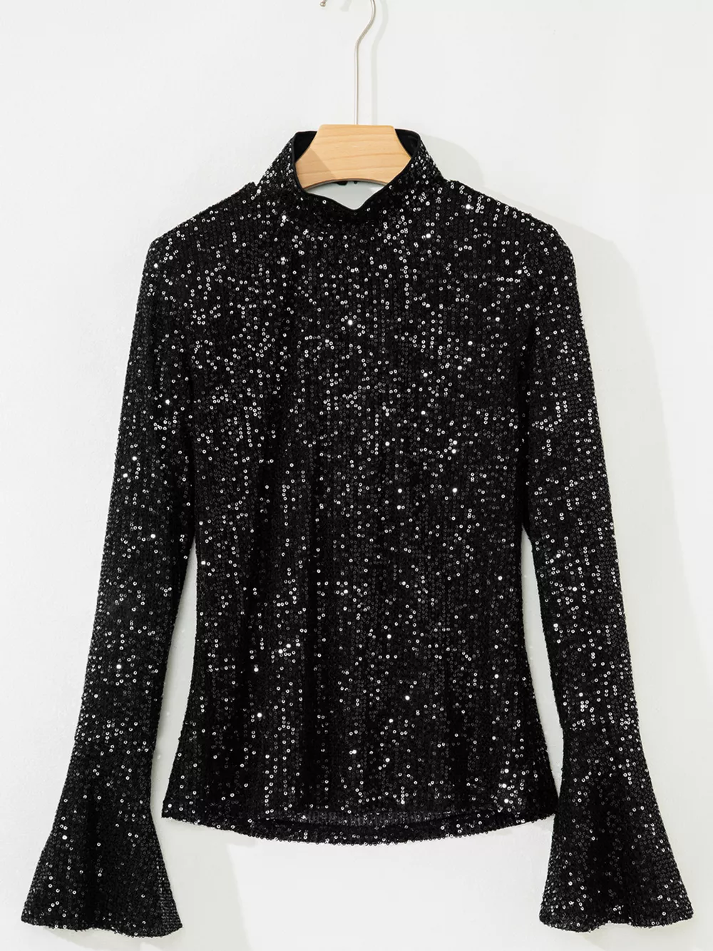 Sequin Mock Neck Drape Open Back Bell Sleeve Top, image 9