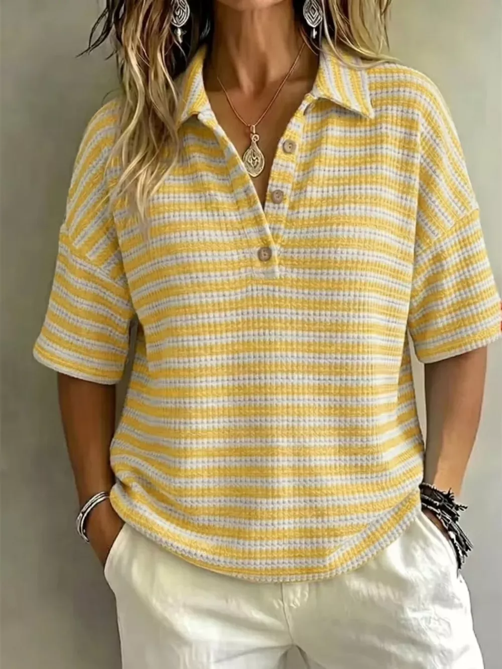 Full Size Contrast Striped Knit Polo Shirt Plus Size, image 15