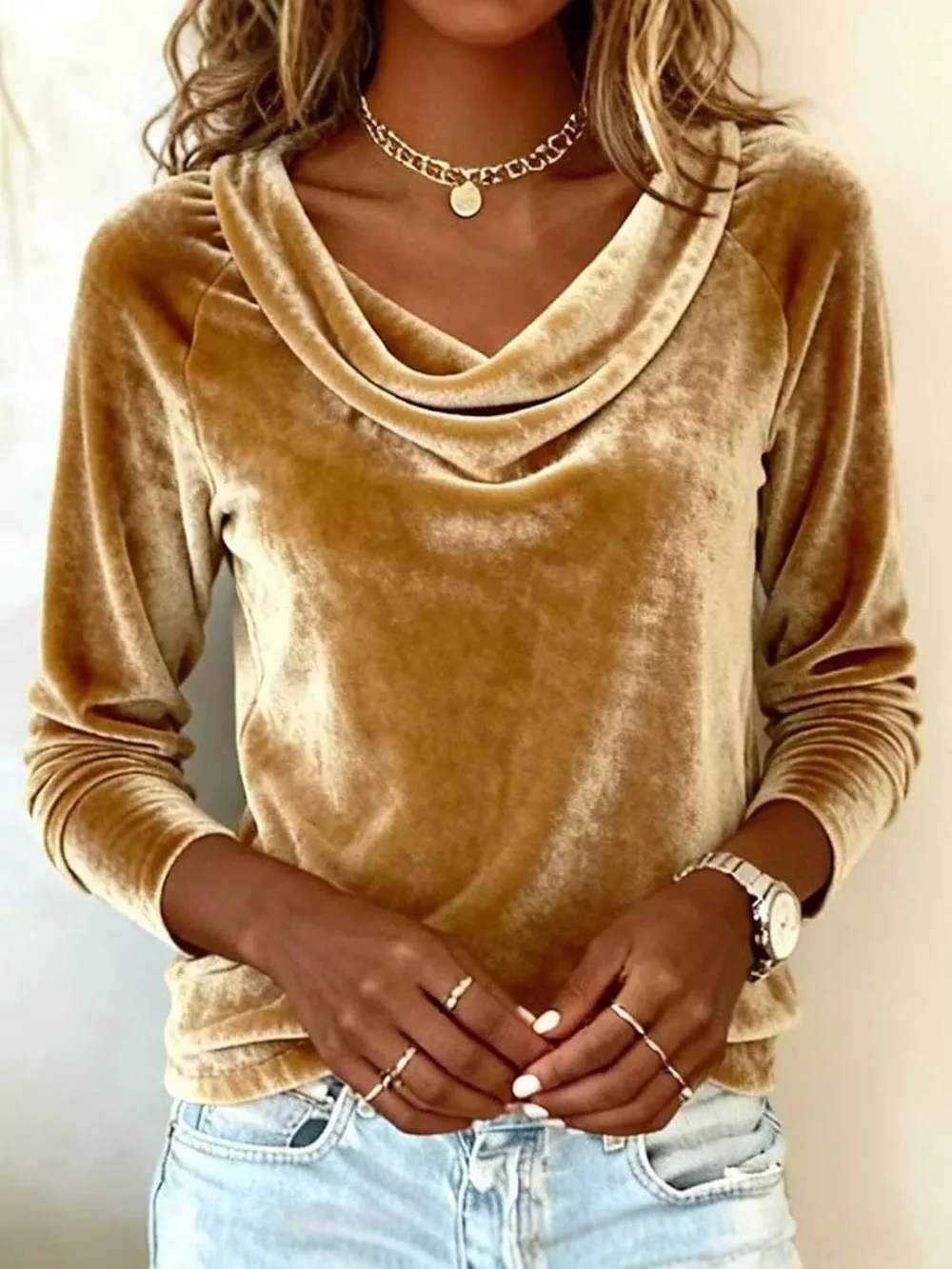 Velvet Cowl Neck Long Sleeve T-Shirt, image 7