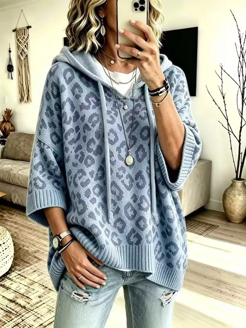Leopard Print Hooded Knit Sweater, image 13