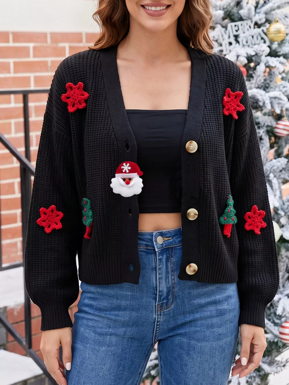 Festive Christmas Applique V-Neck Knit Cardigan, image 10