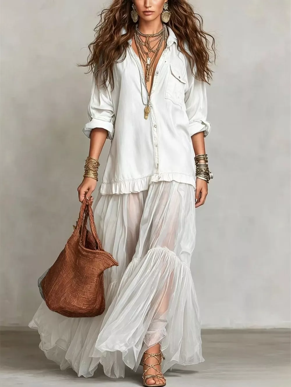Full Size Tiered Long Sleeve Denim Shirt Maxi Dress Plus Size, image 15
