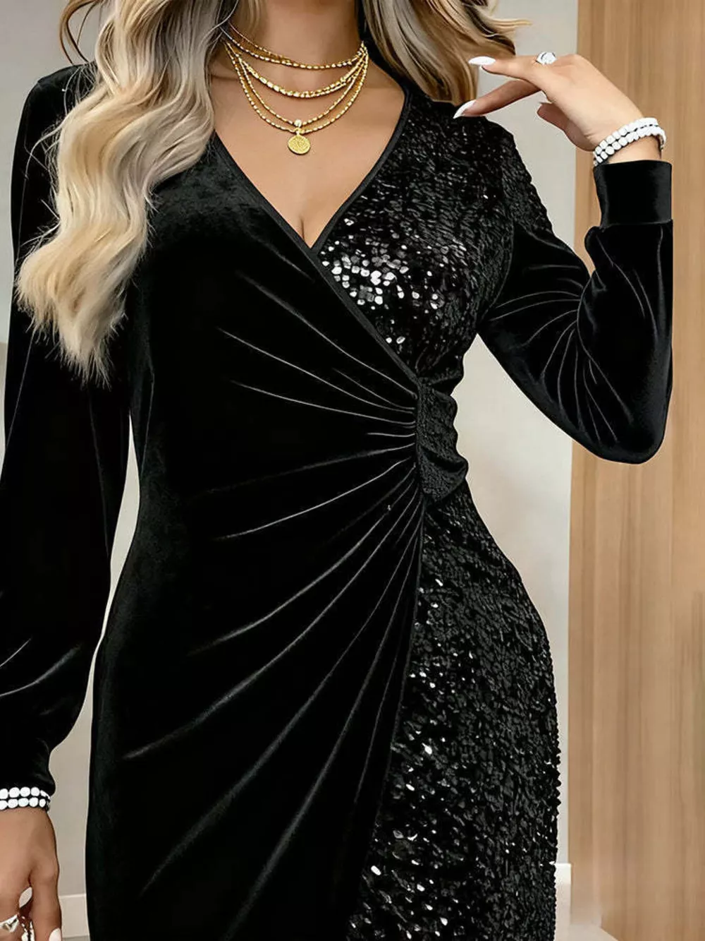 Velvet Sequin Long Sleeve Wrap Dress, image 3