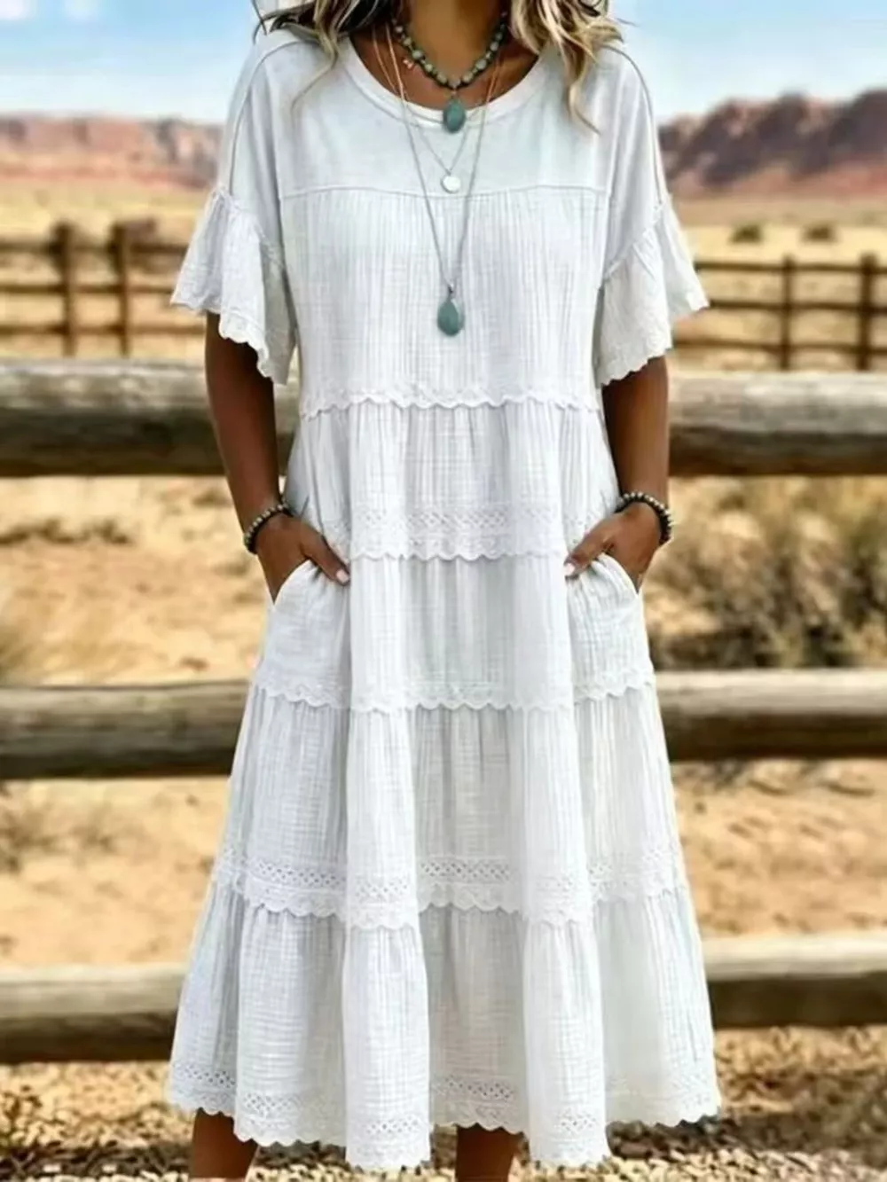 Full Size Tiered Ruffle Sleeve Midi Dress with Pockets Plus Size, image 9