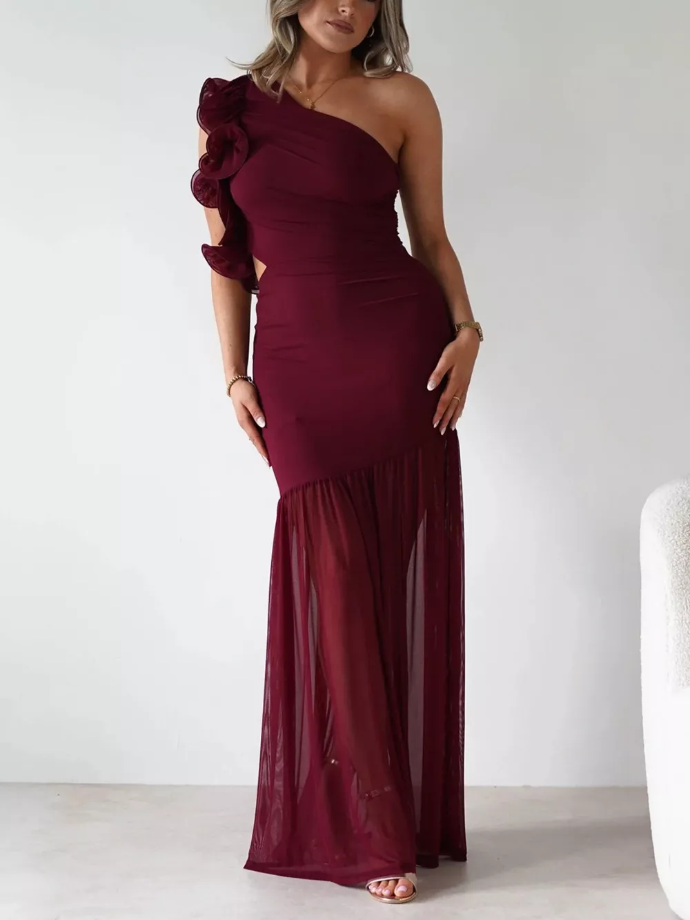 One-Shoulder Ruffle Trim Maxi Dress, image 2