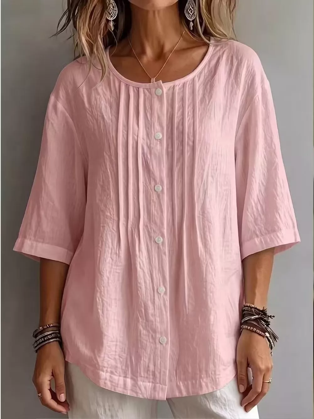 Full Size Texture Round Neck 3/4 Sleeve Blouse Plus Size, image 9