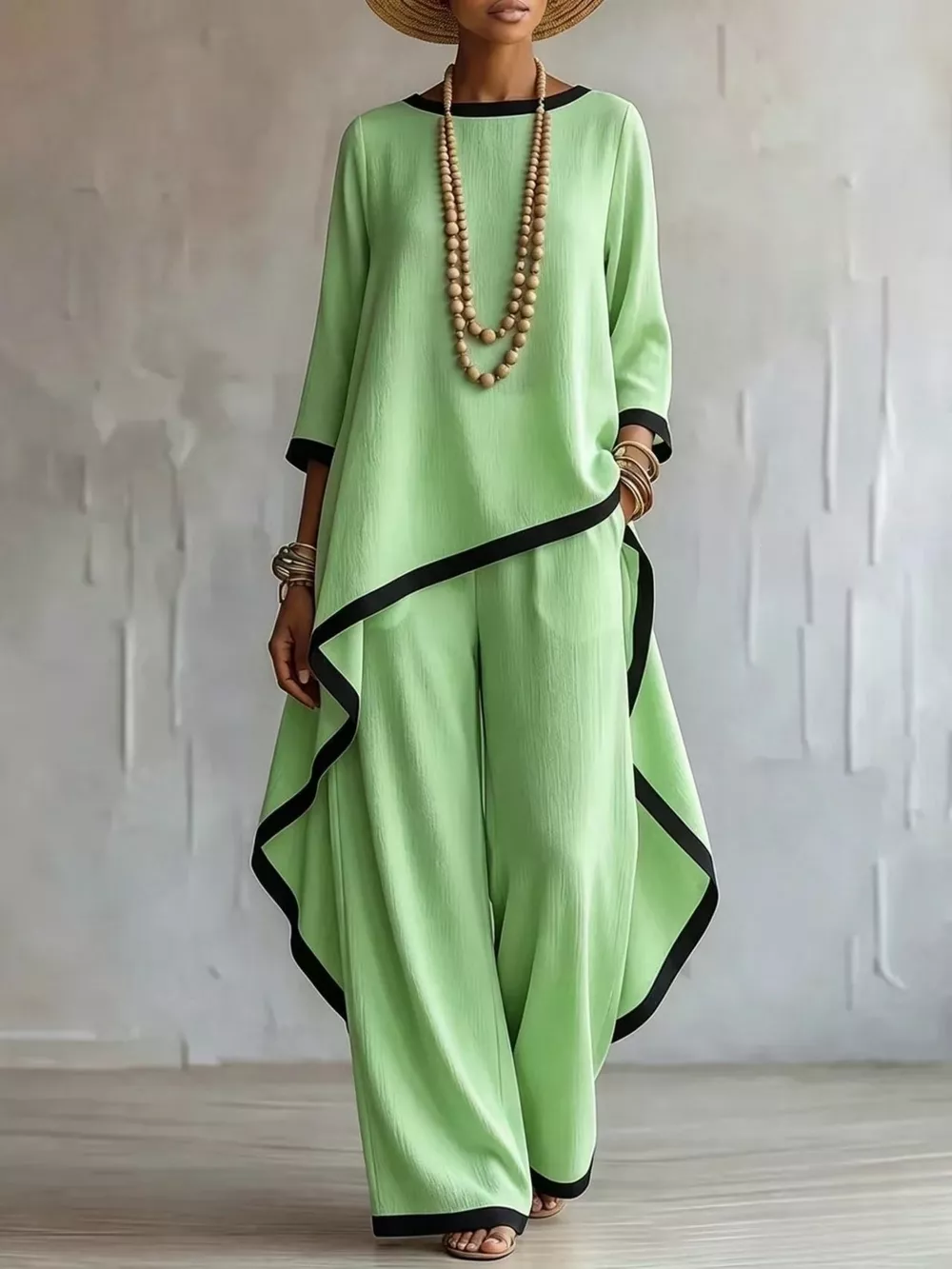 Full Size Contrast Trim High-Low Top and Pants Set Plus Size, image 7