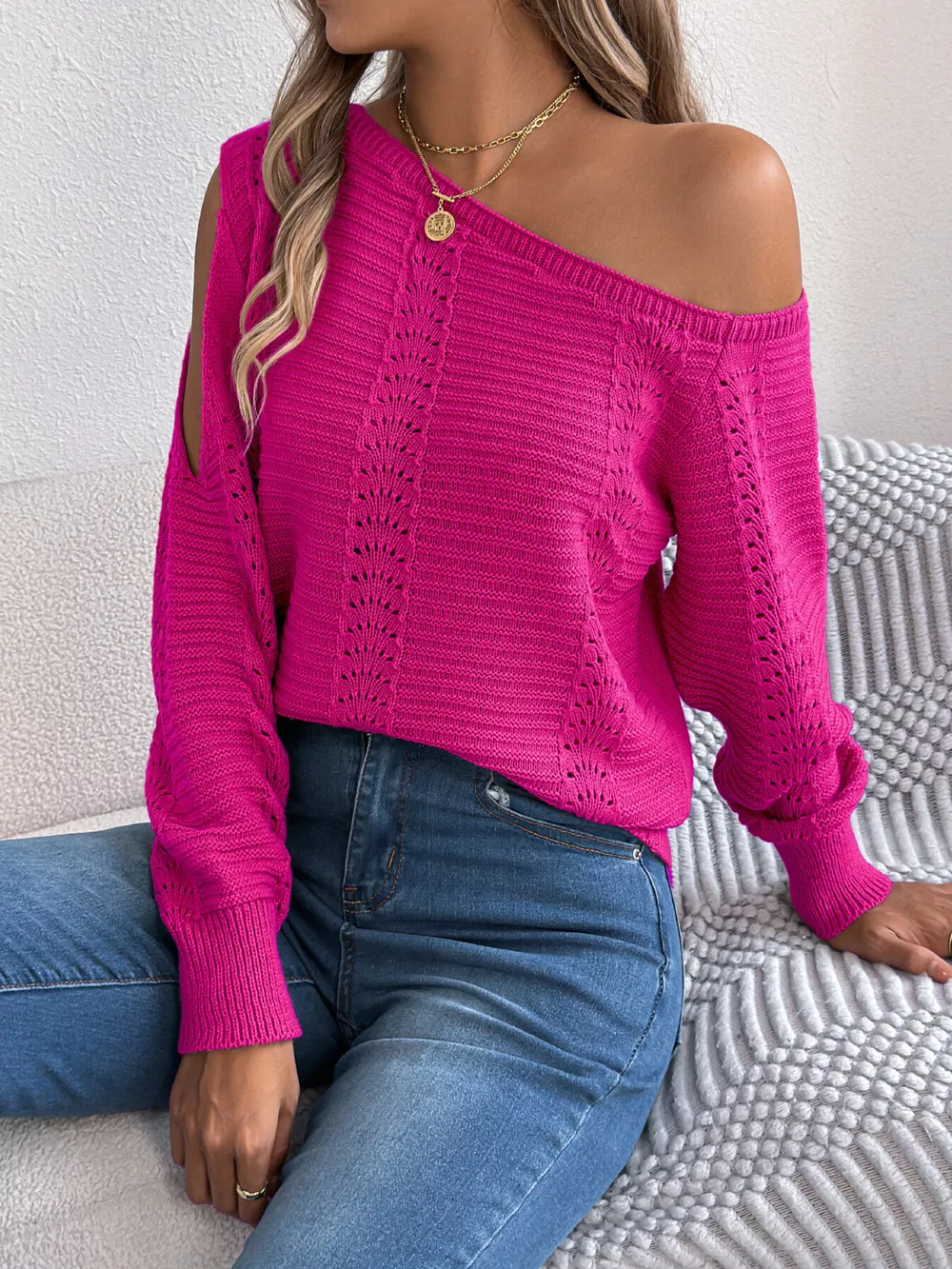 Cold-Shoulder Ribbed Knit Openwork Sweater, image 6