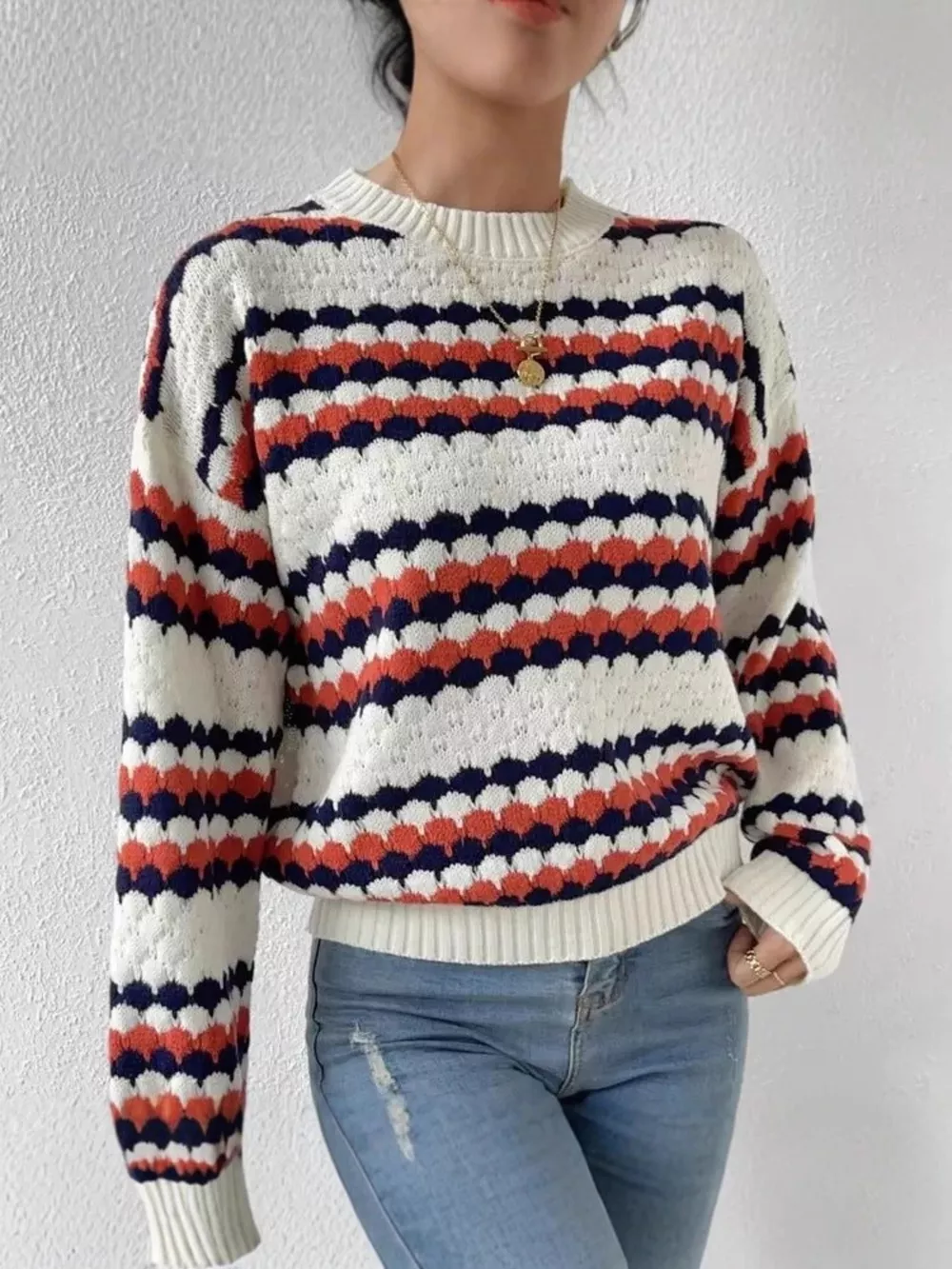 Striped Pattern Round Neck Sweater, image 2