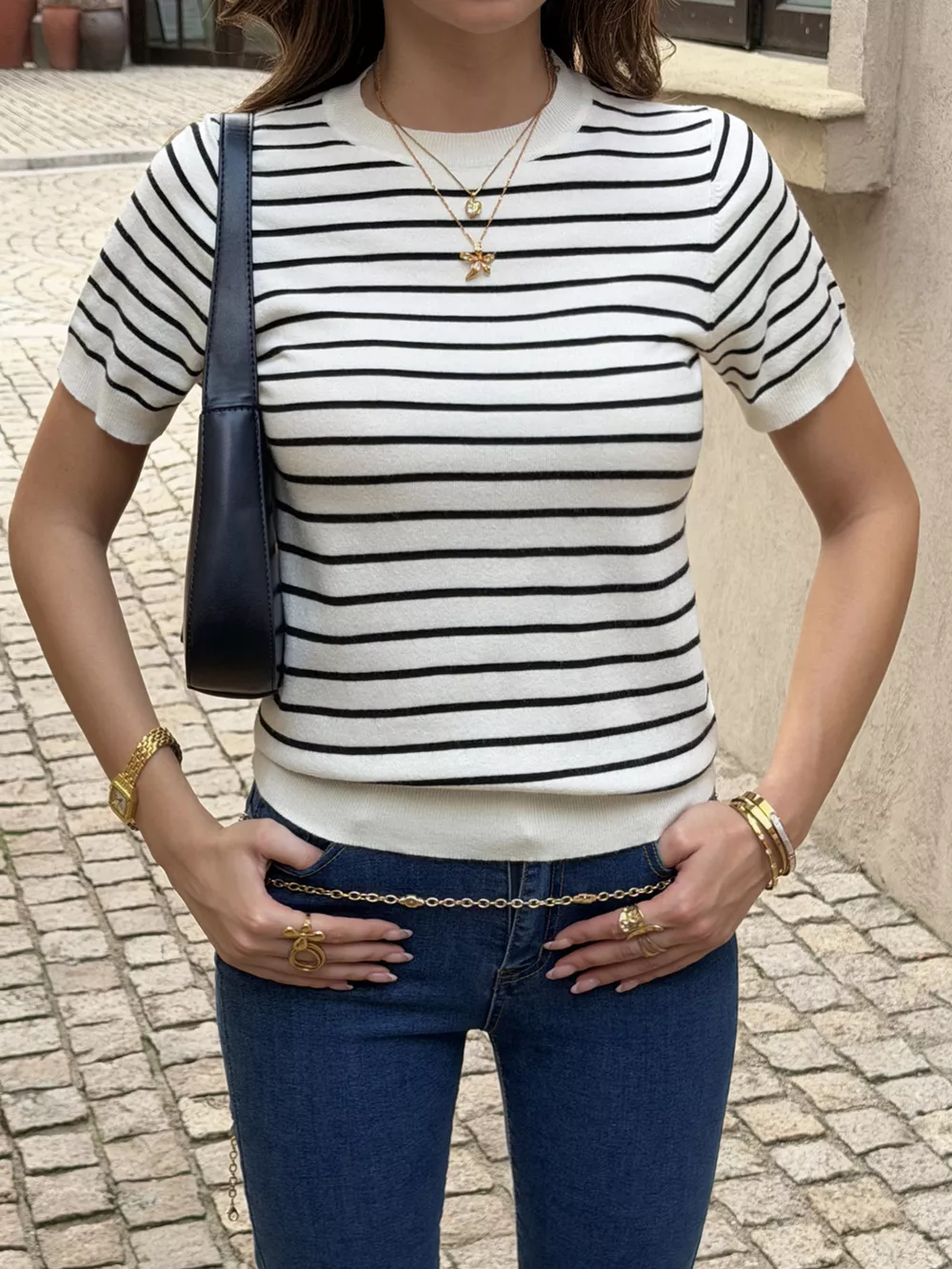 Striped Short-Sleeve Knit Top, image 3