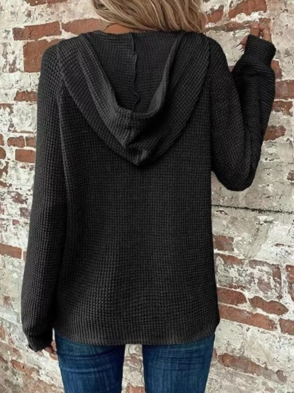 Full Size Waffle Knit Half-Button Hoodie Plus Size, image 4