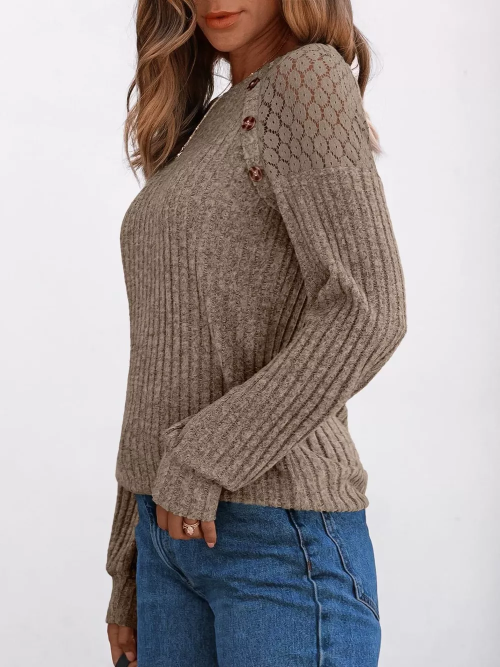Ribbed Knit T-Shirt with Lace Shoulder Detail, image 25