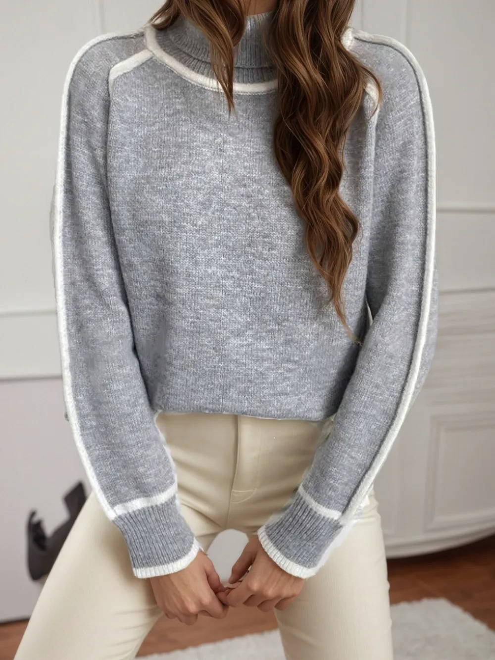 Turtleneck Contrast Trim Sweater with Ribbed Details, image 3