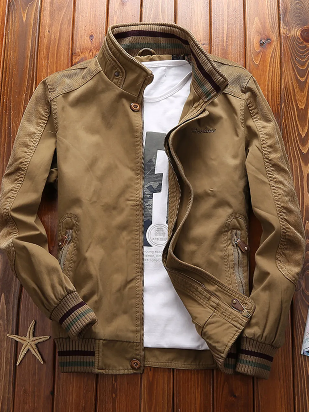 Men's Full Size Bomber Jacket with Ribbed Cuffs and Collar Plus Size, image 2